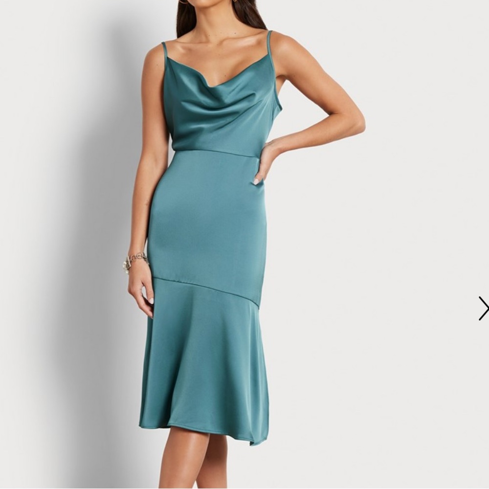 NWT Sam Edelman Hammered Satin Cowl Neck Dress in Industrial Green Size 12